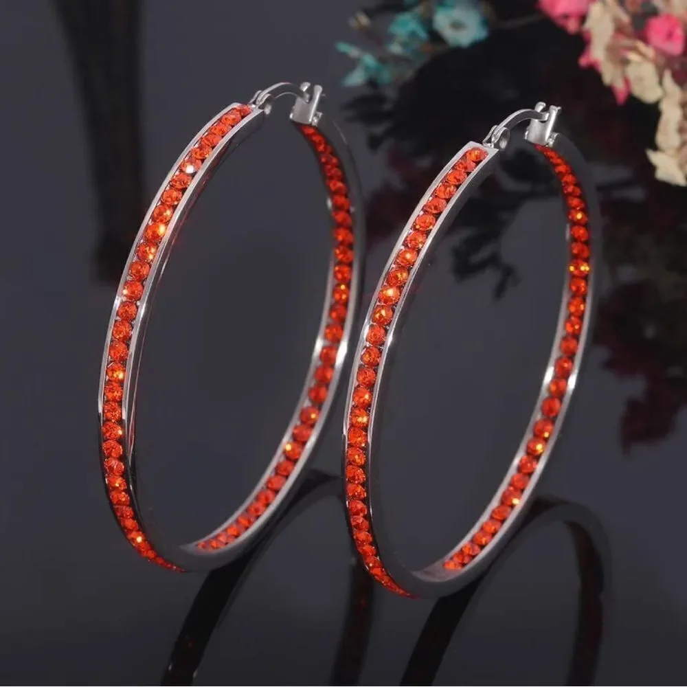 14K White Gold with Ruby Red Cubic Zirconia Big Hoop Latch Back Earrings